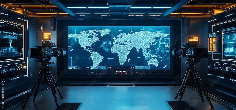 Poster High-tech control room featuring a world map and cameras for monitoring.