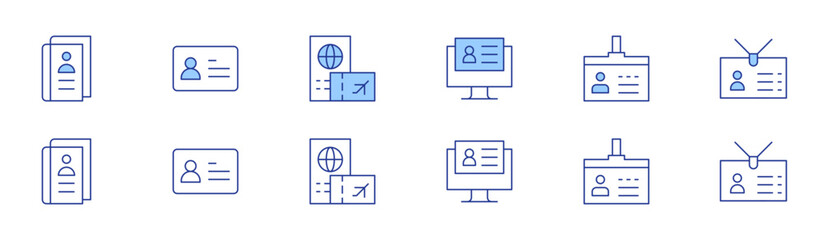 Identity icon set in two styles, Duotone and Thin Line style. Editable stroke. identity, digitalisation, identity card, passport, id card