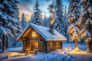 Fototapeta premium Cozy Winter Cabin Escape: Peaceful Snow Scene, Rustic Log Home, Serene Forest