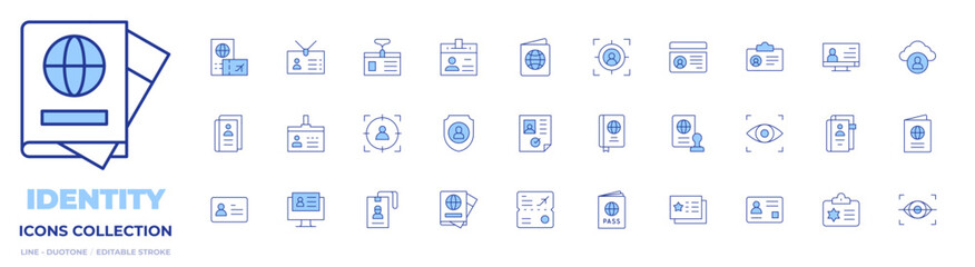 Identity icons collection. Line Duotone style, editable stroke. visa, eye scanner, business card, identity, passport, digitalisation, identity card, identity theft, id card