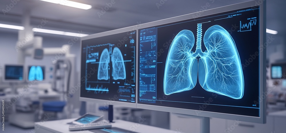 Poster medical display showing lung scans and health data in a clinical setting.