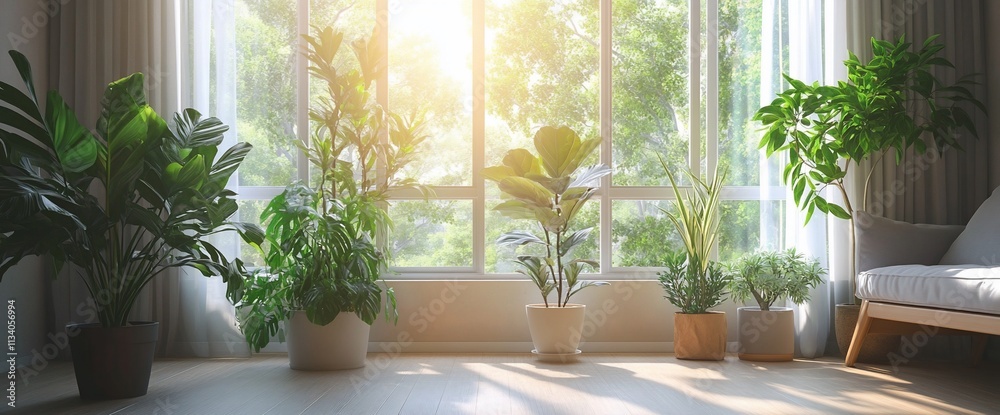 Poster sunlit room filled with various indoor plants creating a serene atmosphere.
