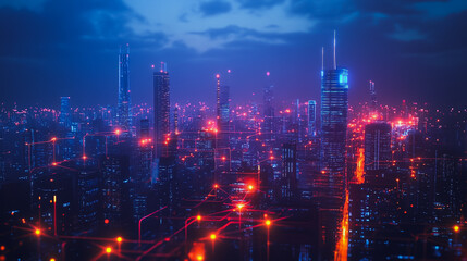 Smart digital Innovation city with connection network reciprocity over the cityscape. of future smart wireless digital city and social media networking systems that connects people with in city
