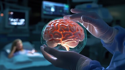 Doctor's hands holding a glowing brain model in a hospital room.