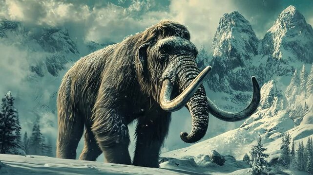 Mammoth in the Wilderness: A majestic woolly mammoth stands tall against a backdrop of snow-capped mountains, its tusks gleaming in the cold light.