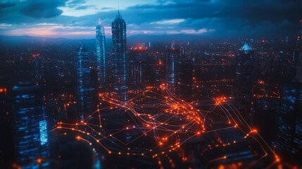 Fototapeta premium Smart digital Innovation city with connection network reciprocity over the cityscape. of future smart wireless digital city and social media networking systems that connects people with in city