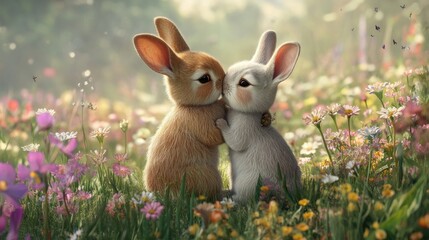 Two Bunnies Sharing a Tender Moment in a Field of Flowers