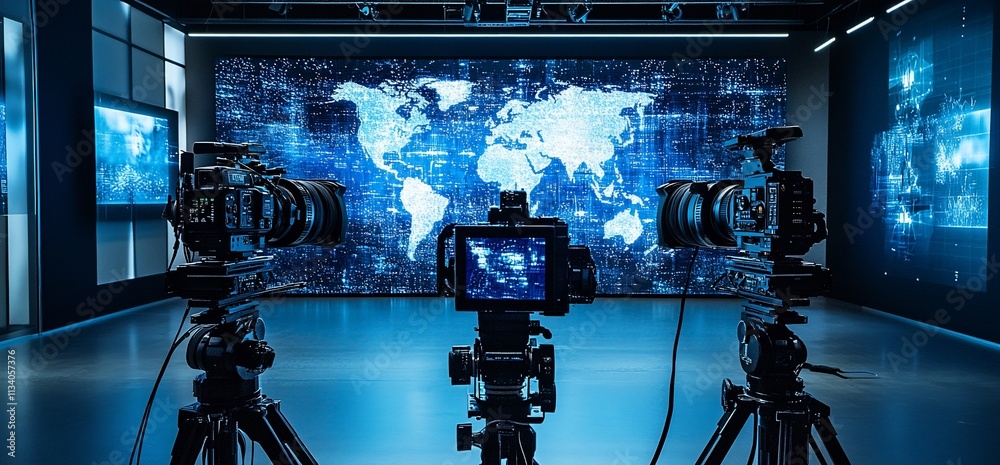 Poster Studio setup with cameras and a digital world map backdrop for content creation.
