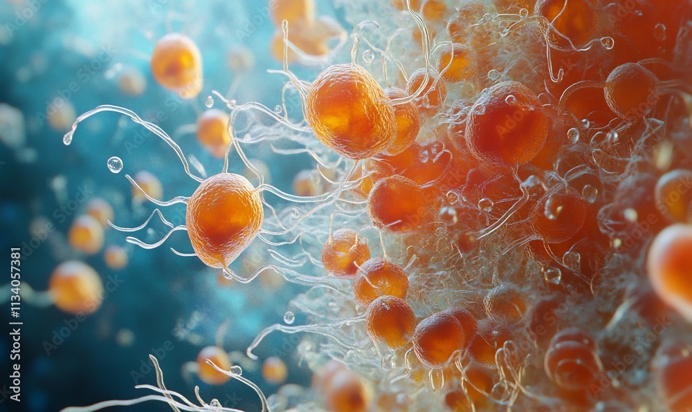 Poster Microscopic view of cellular structures resembling sperm or microorganisms.
