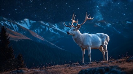 Fototapeta premium A majestic white deer with perfect antlers, on the mountain and the view of the stars in the beautiful sky
