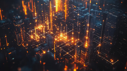 Obraz premium Smart digital Innovation city with connection network reciprocity over the cityscape. of future smart wireless digital city and social media networking systems that connects people with in city