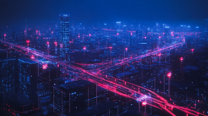 Fototapeta premium Smart digital Innovation city with connection network reciprocity over the cityscape. of future smart wireless digital city and social media networking systems that connects people with in city