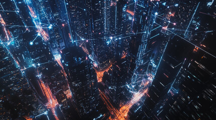 Obraz premium Smart digital Innovation city with connection network reciprocity over the cityscape. of future smart wireless digital city and social media networking systems that connects people with in city