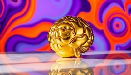 a golden, abstract brain-shaped sculpture on a reflective surface with colorful, geometric patterns in the background, brain sculpture, created with generative ai