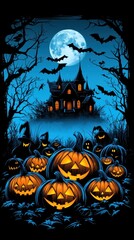 Spooky halloween night with pumpkin patch and haunted house enchanted forest digital art eerie atmosphere mystical perspective