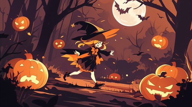 An illustration of a cute young witch running through a forest filled with glowing jack-o'-lanterns and bats flying under a full moon, capturing the spirit of Halloween night. 