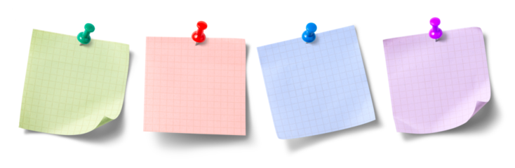 ピンで留められた、方眼のあるカラフルな付箋