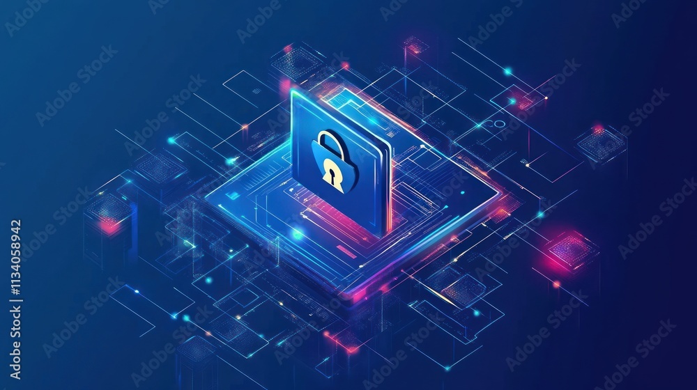 Fototapete digital lock symbolizing cybersecurity with glowing connections and a tech background.
