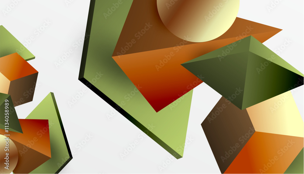 Poster abstract design showcasing isometric cubes, pyramids, squares, and spheres in a vibrant 3d layout. m