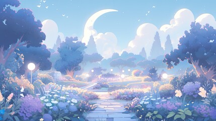 Peaceful moonlit meadow with blooming flowers, soft light, and a magical serene nighttime atmosphere.