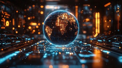 Futuristic Holographic Globe in Tactical Command Center Symbolizing Military Strategy Planning