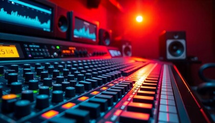 a row of audio mixing console faders and knobs in a recording studio or sound production environment, created with generative ai