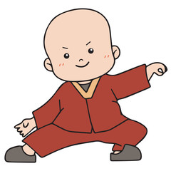 vector illustration of smiling Buddhist monk doing shaolin pose, wushu tradition,  suited for Buddhist kids cartoon 