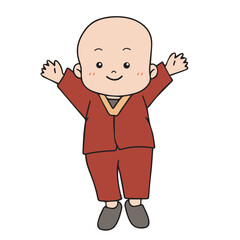 vector illustration of smiling buddhist monk raise his both hand happily, suited for buddhist kids cartoon 