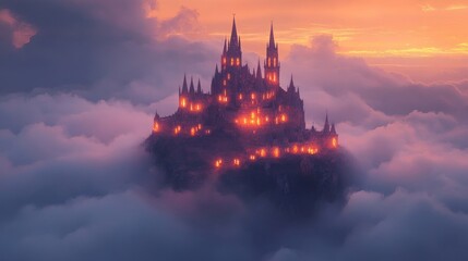 A majestic, dark castle floats atop a sea of clouds at sunset, illuminated by warm light from within its towers.