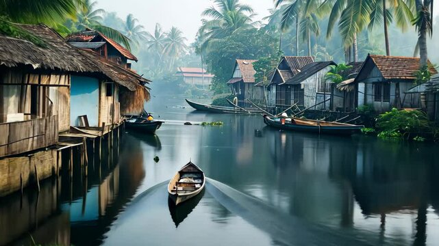 This video shows a scenic view of a body of water with trees and houses around it, A quiet backwater with traditional boathouses