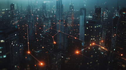 Obraz premium Smart digital Innovation city with connection network reciprocity over the cityscape. of future smart wireless digital city and social media networking systems that connects people with in city