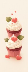 Two delightful cupcakes topped with swirls of frosting, hearts, and leaves, perfect for a sweet celebration.