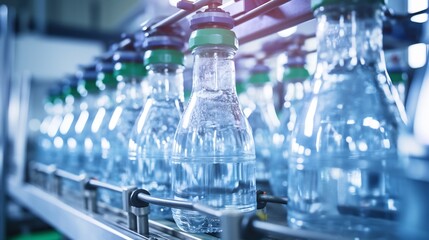 Closeup view of clear plastic bottled water being chilled and cooled in an industrial sized unit or cooler  The bottles have condensation and a frosty chilled appearance