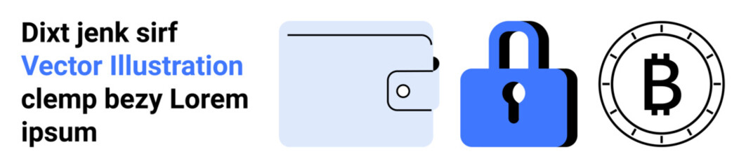 Digital wallet, blue security lock, black and white Bitcoin symbol. Ideal for cryptocurrency, digital security, blockchain, online transactions, finance, fintech, investment. Landing page