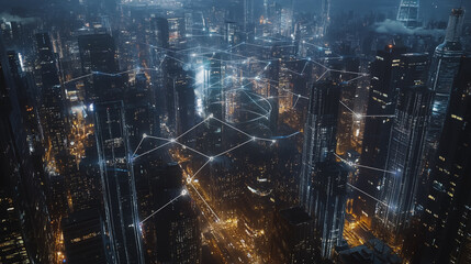 Fototapeta premium Smart digital Innovation city with connection network reciprocity over the cityscape. of future smart wireless digital city and social media networking systems that connects people with in city