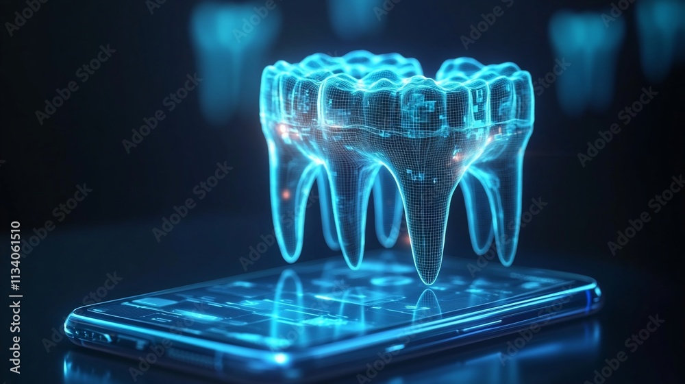 Poster A holographic tooth structure displayed above a smartphone interface.