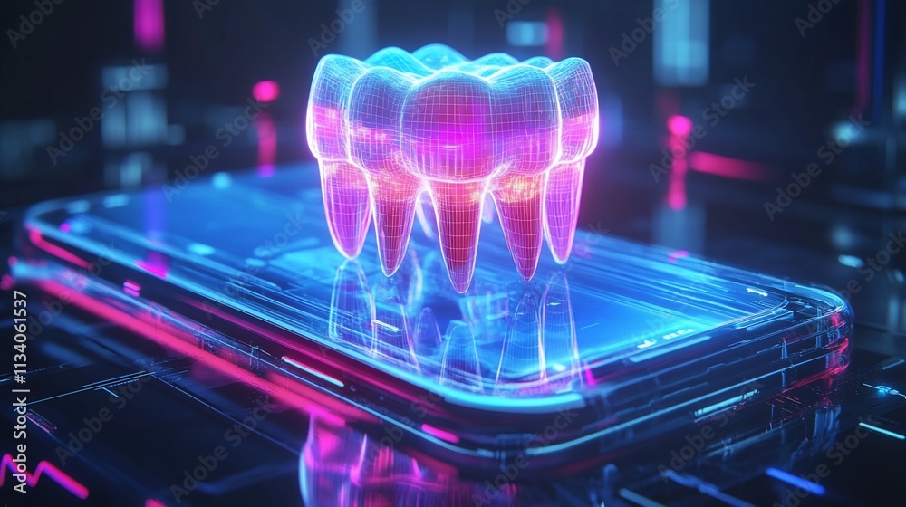 Poster a holographic representation of teeth displayed on a smartphone.