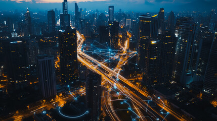 Fototapeta premium Smart digital Innovation city with connection network reciprocity over the cityscape. of future smart wireless digital city and social media networking systems that connects people with in city