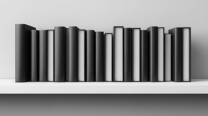 Obraz premium Bookshelf displaying various black and white books minimalist room photography modern design close-up view home decor ideas