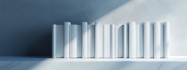 Obraz premium Organizing modern white books on minimalist shelf contemporary home office photography bright space close-up view design inspiration