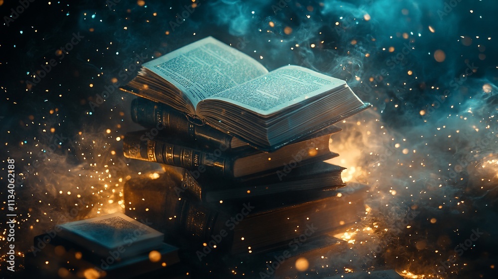 Poster a mystical stack of books surrounded by glowing particles and smoke.