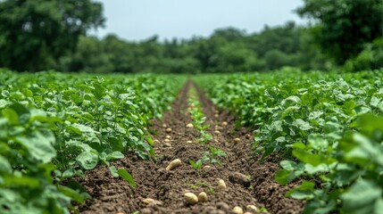 A lush field of potato plants growing in well-maintained rows under a clear sky.
