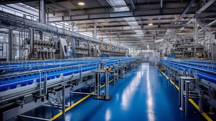 Simultaneous water bottling lines operating at high efficiency inside a large scale industrial manufacturing facility  Automated machinery conveyor belts