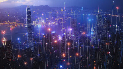 Fototapeta premium Smart digital Innovation city with connection network reciprocity over the cityscape. of future smart wireless digital city and social media networking systems that connects people with in city