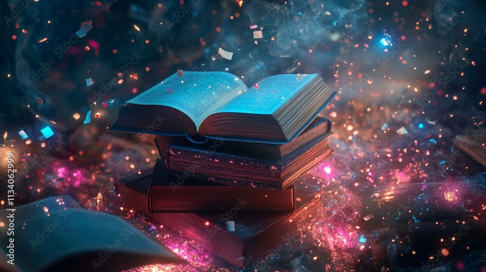 Aufkleber A mystical stack of open books surrounded by sparkling particles and light.