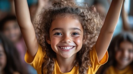 Joyful Girl with Raised Hands, Smiling Radiantly
