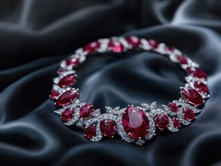 Fototapeta premium Diamond Ruby Necklace Silk Background