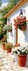 Fototapeta premium Charming floral decorations quaint cottage painting outdoor eye-level serenity and beauty in nature