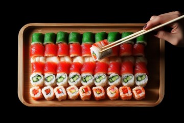 Delicious Sushi Platter with Assorted Rolls Arranged on a Wooden Tray A Top-Down View of a Variety of Japanese Sushi