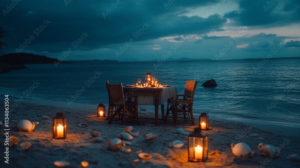 Aufkleber a romantic beach dinner setup with lanterns and seashells at twilight.